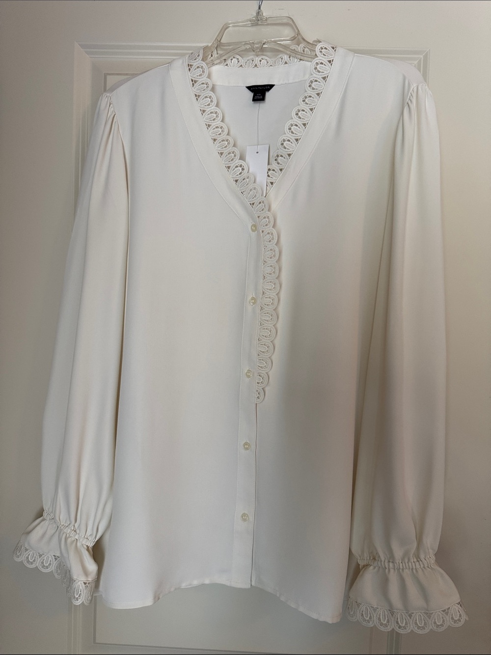 Ann Taylor Ivory Lace-Trim V-Neck Button Blouse